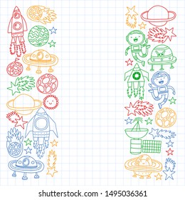 Space background doodle illustration. Vector illustration. Pattern with cartoon space rockets, planets, stars.