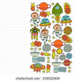 Space background doodle illustration. Vector illustration. Pattern with cartoon space rockets, planets, stars.