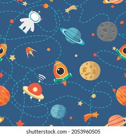 
Fondo espacial. Ilustración del doodle espacial. Ilustración vectorial. Patrón sin foco con cohetes espaciales de dibujos animados, planetas, estrellas