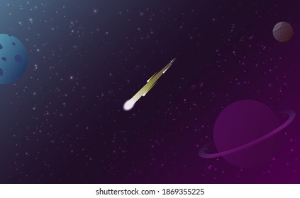 Space background with falling asteroid, planets and stars in dark sky. Vector illustration.