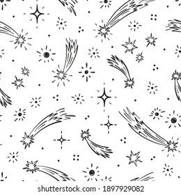 Space Background with Falling Stars. Meteor Shower. Starry sky Wallpaper. Hand Drawn doodle Star Seamless Pattern. Meteorites and Comets Vector illustration. Shooting stars