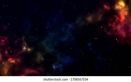 Space background Fantastic outer view with realistic bright stars and cluster of gas clouds. Universe with nebulae, galaxies and star clusters. Infinite cosmic open spaces. Vector illustration