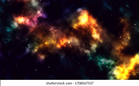 Space background Fantastic outer view with realistic bright stars and cluster of gas clouds. Universe with nebulae, galaxies and star clusters. Infinite cosmic open spaces. Vector illustration