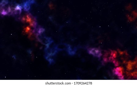 Space background Fantastic outer view with realistic bright stars and cluster of gas clouds. Universe with nebulae, galaxies and star clusters. Infinite cosmic open spaces. Vector illustration