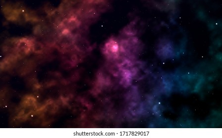 Space background. Fantastic outer view with realistic bright stars and cluster of gas clouds. Universe with nebulae, galaxies and star clusters. Infinite cosmic open spaces. Vector illustration