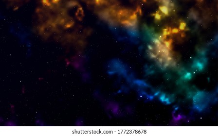 Fondo espacial Fantástica vista exterior con estrellas brillantes realistas y cúmulo de nubes de gas. Universo con nebulosas, galaxias y grupos de estrellas. Espacios abiertos cósmicos infinitos. Ilustración del vector