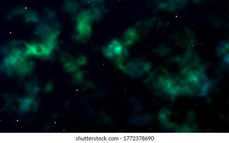 Space background Fantastic outer view with realistic bright stars and cluster of gas clouds. Universe with nebulae, galaxies and star clusters. Infinite cosmic open spaces. Vector illustration