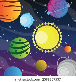 Space background with fantasy planets, sun and stars. Concept for fantasy games.