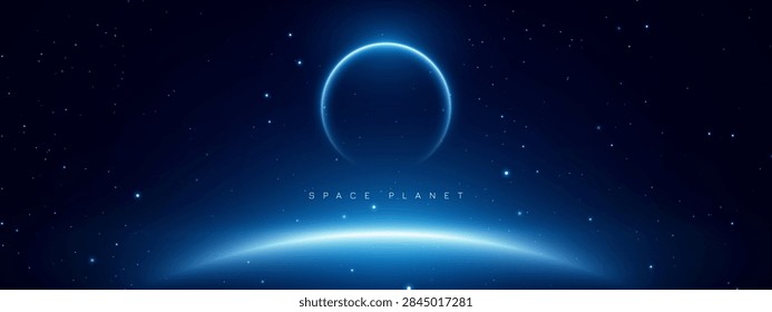 Space background featuring multiple planets, stars, glowing celestial curves and a dark cosmic sky. Blue glowing planet horizon in deep space abstract background concepts. 