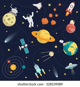 Space background flat with stars planets and astronaut vector illustration