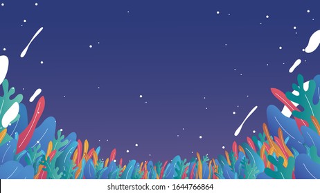 Space background in a flat style with colorful grass, gradient leaves, liquid stars and comets. Vector illustration with a calm atmosphere.