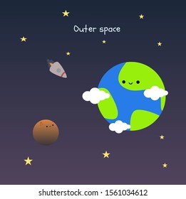  space background with full of stars. vector illustration cute character earth and moon