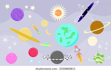 space background. galaxy background. celestial bodies such as planets, stars, moon, sun, rocket. vector illustration. collection of celestial objects