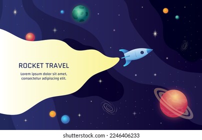 Space background, galaxy with stars and planets, rocket ship in universe. Future shapes, sky science travel for child, flight adventures. Banner template. Vector cartoon utter background