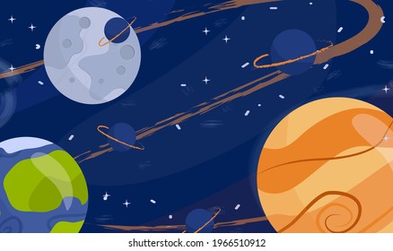 Space background. Galaxy vector illustration. Funny drawing for posters, banners, prints, clothing