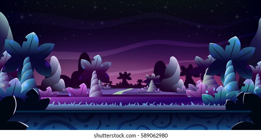 Space background for game or design with trees and hills. Vector Illustration.
