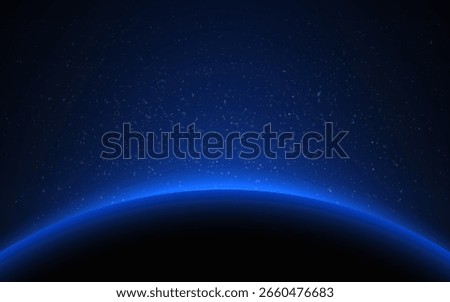 Space background with glowing blue horizon of a planet and starry sky. Space sunrise effect. Deep universe atmosphere with bright light. Cosmos eclipse with solar ring. Vector Illustration.