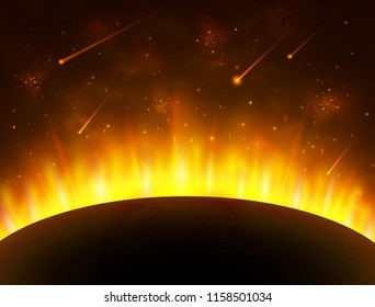 Space background with gold light. Sun planet. Solar eclipse. Bright realistic sun with rays, glow and sparks. Sunshine design. Vector Illustration.