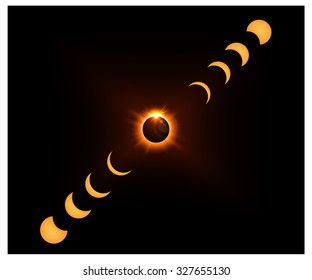 Space background with gold sun light and Crescent moon. Vector