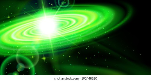 Space background. Green galaxy with bright flash among stars in dark universe