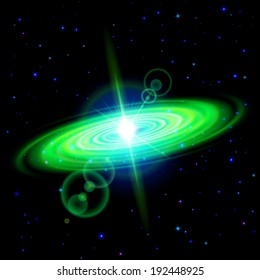Space background. Green galaxy with bright flare among stars in dark universe