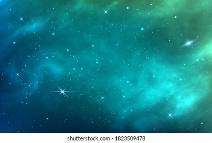 Space background. Green realistic cosmos texture. Galaxy with colored shining stars. Magic starry nebula. Bright stardust. Abstract cosmic wallpaper. Vector illustration.