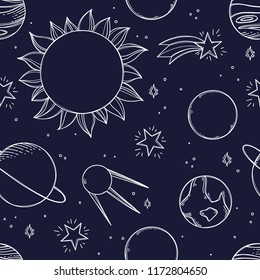 Space Background. Hand drawn vector illustrations. Ð¡osmic doodle seamless pattern with planets, stars, satellite. Solar system and universe