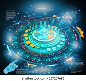 space background or high tech futuristic interface info graphic with hand pointer HUD and GUI