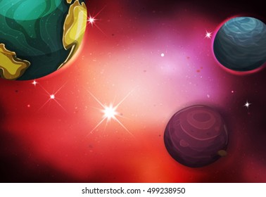 Space Background/
Illustration of a cartoon starry space landscape with alien moons, asteroids and  planet for sci-fi background