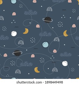 Ilustración de fondo espacial Nubes y estrellas de patrón vectorial sin fisuras dibujadas a mano en estilo de dibujos animados utilizados para imprimir, papel pintado, decoración, tela