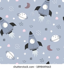 Space background illustration with rocket and stars Seamless vector pattern hand drawn in cartoon style used for print, wallpaper, decoration, fabric, textile.