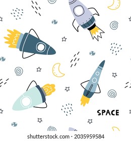 space background illustration with rockets and stars hand drawn seamless vector pattern in cartoon style for print,wallpaper,decoration,fabric,textile