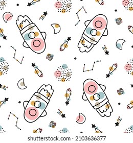 Space background illustration with rockets and stars hand drawn baby seamless vector pattern in cartoon style for print, wallpaper, decoration, fabric, textile