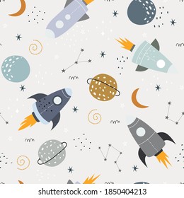 Space background illustration with stars and rocket Seamless vector pattern hand drawn in cartoon style used for print, wallpaper, decoration, textile fabric.