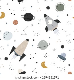 Space background illustration with stars and rocket Seamless vector pattern hand drawn in cartoon style used for print, wallpaper, decoration, fabric, textile.