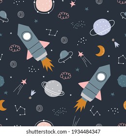 Space Background Illustration With Stars And Rocket Seamless Vector Pattern Hand-drawn In Cartoon Style Used For Print, Wallpaper, Decoration, Fabric, Textile.