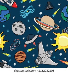 Space background illustration with stars and rocket Seamless vector pattern hand-drawn in cartoon style used for print, wallpaper, decoration, fabric, textile.
