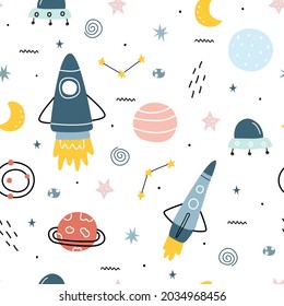 Space background illustration with stars and rockets Seamless vector pattern hand-drawn in cartoon style used for print, wallpaper, decoration, fabric, textile.