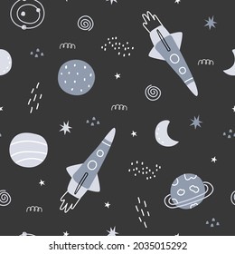Space background illustration with stars and rockets seamless vector pattern hand-drawn in cartoon style Used for printing, decorative wallpaper, fabrics, textiles.