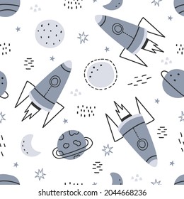 space background illustration with stars and rockets hand drawn seamless vector pattern in cartoon style used for printing wallpaper decorative fabric textile