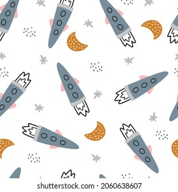 space background illustration with stars and rockets hand drawn seamless vector pattern in cartoon style for kids used for printing, wallpaper, decoration, fabric, textile
