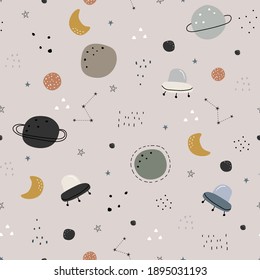 Space background illustration with stars and UFO seamless vector pattern hand drawn in cartoon style used for print, wallpaper, decoration, textile fabric.
