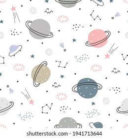 Space background illustration with stars and UFO Seamless vector pattern hand-drawn in cartoon style used for print, wallpaper, decoration, fabric, textile.