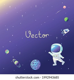 Space background with the image of an astronaut, rocket, multicolored planets in the starry sky in cartoon style and copy space for text. Space landscape. Vector illustration.