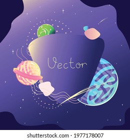Space background with the image of multicolored planets in the starry sky in cartoon style and copy space for text. Space landscape. Vector illustration.