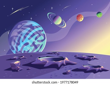 Space background with the image of multicolored planets in the starry sky in cartoon style and copy space for text. Space landscape. Vector illustration.