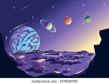 Space background with the image of multicolored planets in the starry sky in cartoon style and copy space for text. Space landscape. Vector illustration.