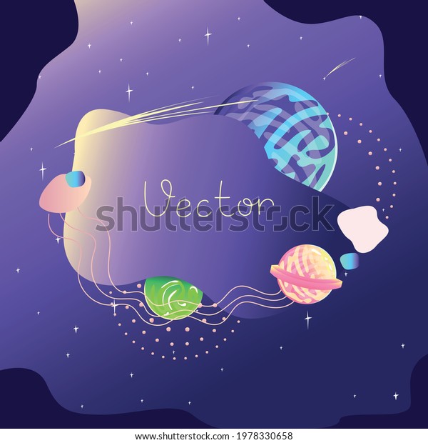 Space background with the image of\
multicolored planets in the starry sky in cartoon style and copy\
space for text. Space landscape. Vector\
illustration.