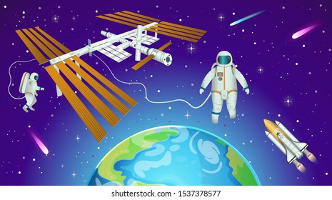 Space background with international space station, planet earth, astronauts and space shuttle in cartoon style.