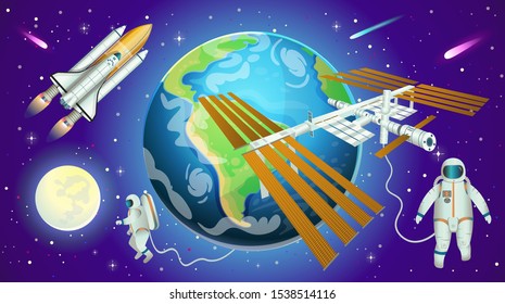 Space background with international space station, planet earth, astronauts and space shuttle in cartoon style.